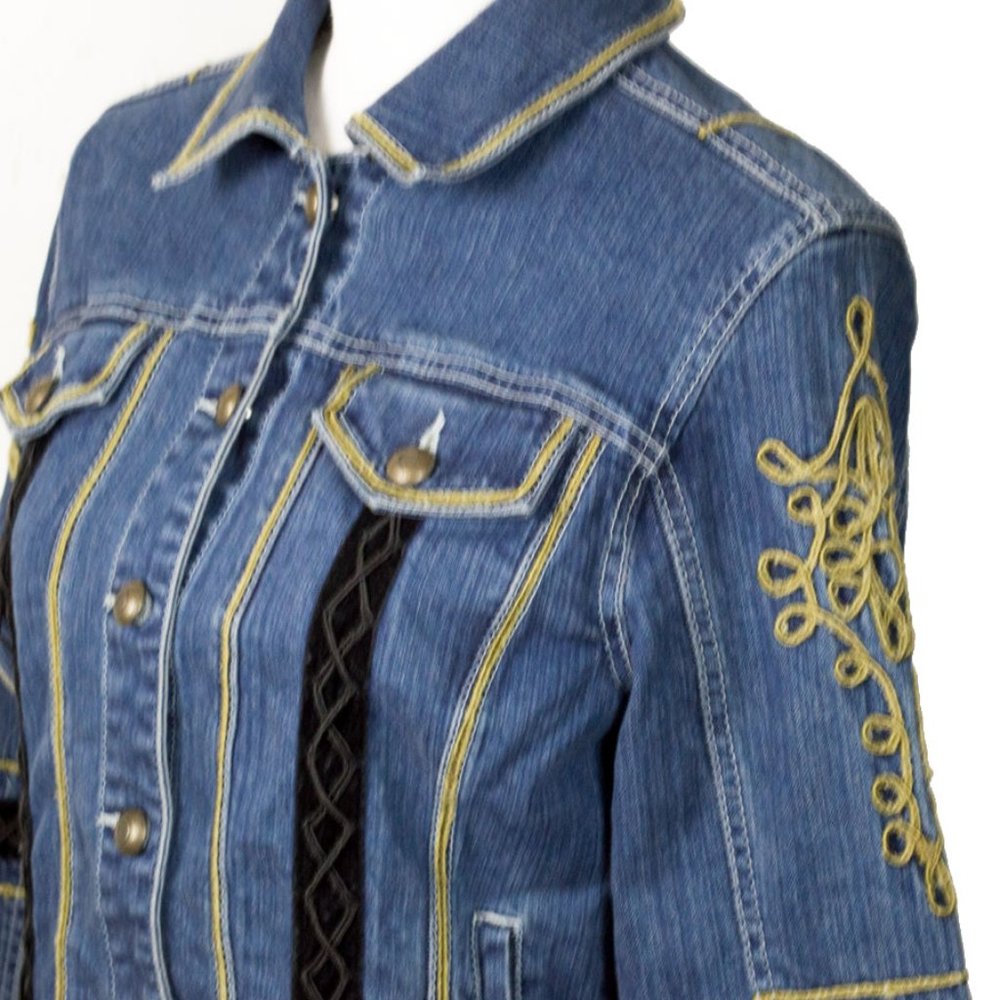 LIVE A LITTLE Blue Embroidery Embellished Long Sleeve Jean Jacket M - Picture 5 of 13